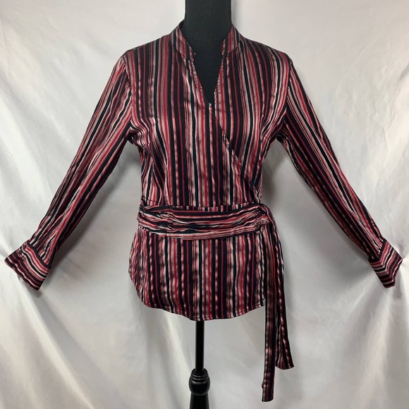 Apt. 9 Red Black Stripe V Neck Tie Waist Long Sleeve Faux Wrap Blouse Size M - Picture 2 of 8